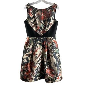 THEIA Metallic Print Fit & Flare Midi Dress with Black Waist $138